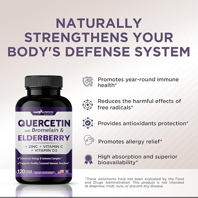 Quercetin with Vitamin C and Zinc 500mg - D3 - 6 in 1 Daily 4 Months