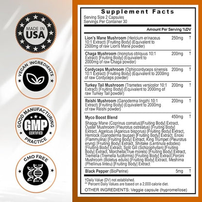 Lions Mane Mushroom 3000mg Turkey Tail 2000mg Chaga & Reishi 1000mg Cordyceps Shiitake White Elm King Trumpet Nameko Oyster Focus & Energy - Made in USA 60ct