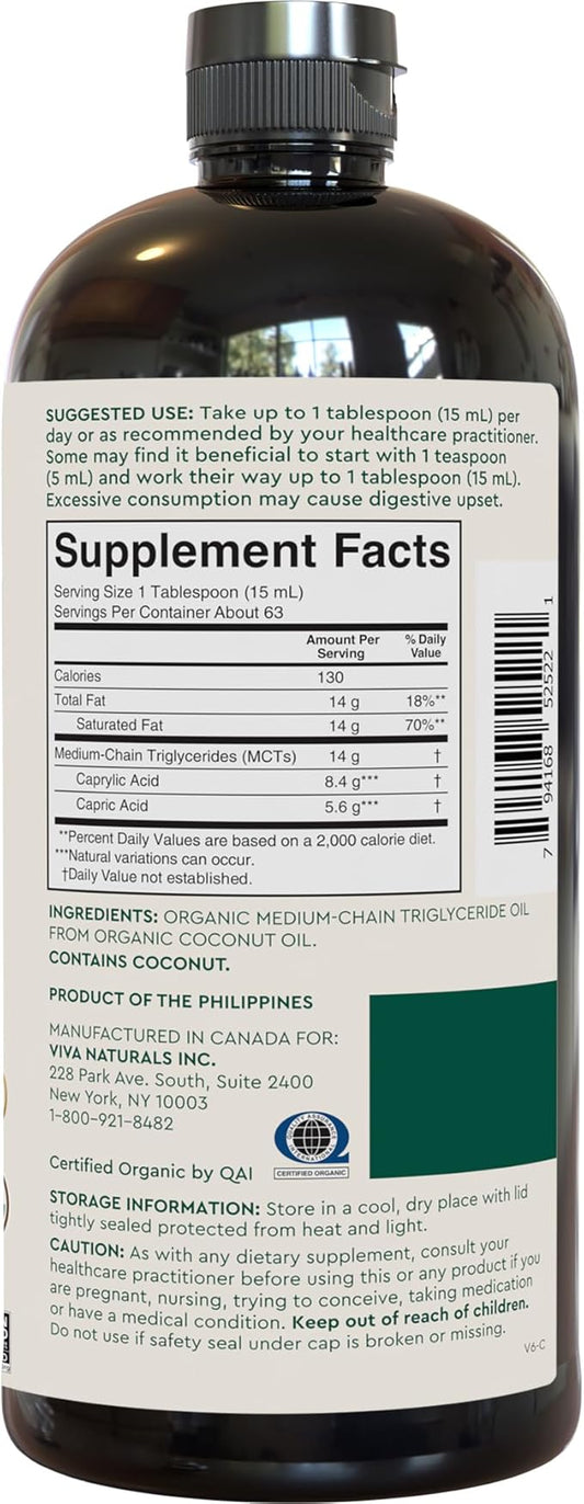 Viva Naturals Organic MCT Oil 32 fl oz - Best MCT Oil Organic for Coffee, MCT Coconut Oil Supports Energy & Mental Clarity, USDA Organic, Non-GMO, Paleo & Keto Certified, MCT Wellness