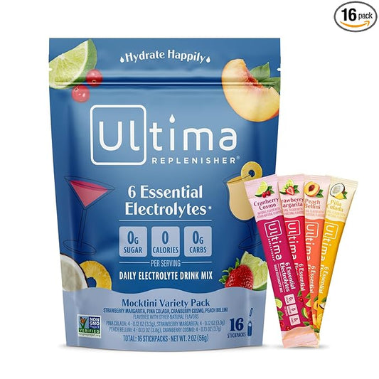 Ultima Replenisher Daily Electrolyte Powder Drink Mix – Mocktini Variety, 16 Stickpacks – Hydration Packets with 6 Key Electrolytes and Trace Minerals – Keto Friendly, Non-GMO and Sugar-Free