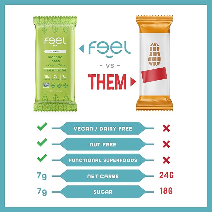 Feel Vegan Protein Bars | Matcha Latte | Keto | Gluten Free | Organic | 15g Plant Protein | Low Carb | High Protein | Dairy Free | Low Sugar | Grain Free | Nut Free | Soy Free | Non GMO - (Matcha Latte, 10 Pack)