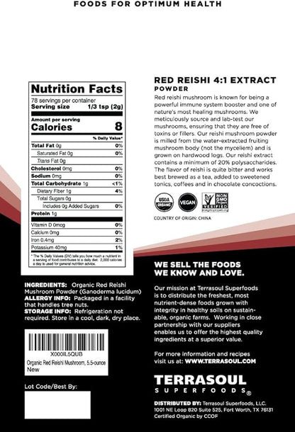 Terrasoul Superfoods Organic Reishi Mushroom Powder (4:1 Extract), 5.5 Oz, Immune Support, Stress Relief, Better Sleep, Embrace The Power of Adaptogenic Mushrooms