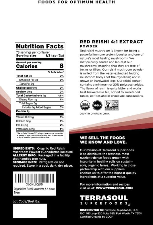 Terrasoul Superfoods Organic Reishi Mushroom Powder (4:1 Extract), 5.5 Oz, Immune Support, Stress Relief, Better Sleep, Embrace The Power of Adaptogenic Mushrooms