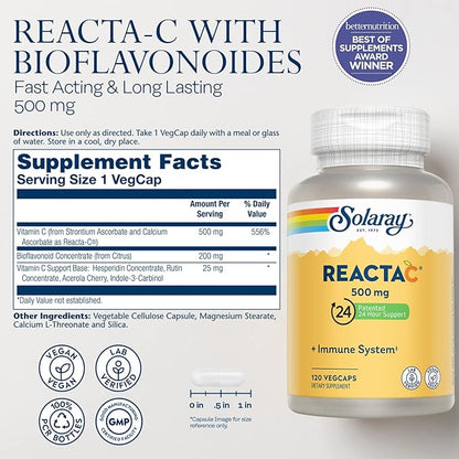 SOLARAY Reacta-C with 500mg Vitamin C, 200mg Bioflavonoid 24 Hour 120 Capsules, 120 Servings.
