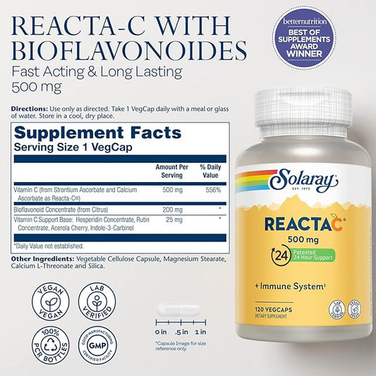 SOLARAY Reacta-C with 500mg Vitamin C, 200mg Bioflavonoid 24 Hour 120 Capsules, 120 Servings.