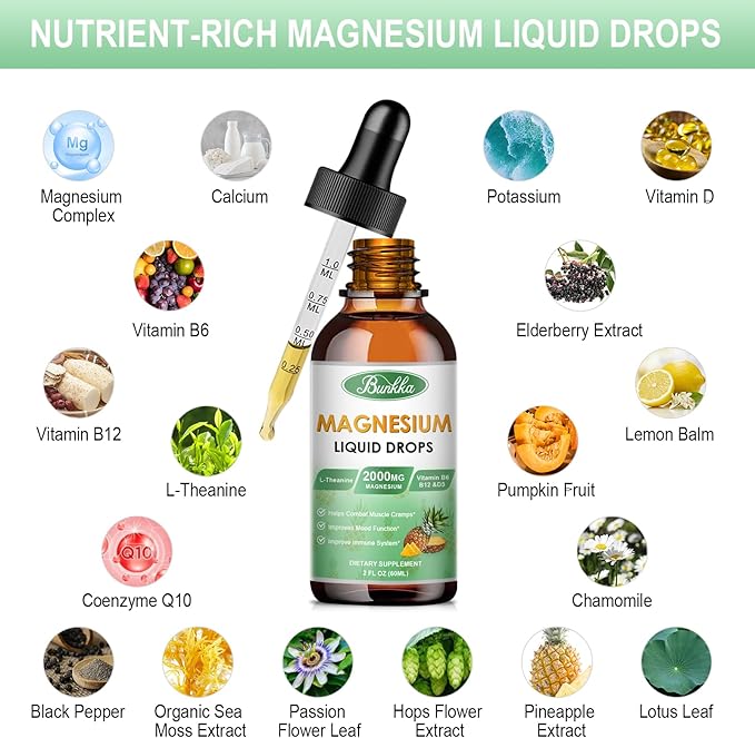 Magnesium Glycinate Supplement, Magnesium Liquid Drops 500mg Magnesium 30 Day