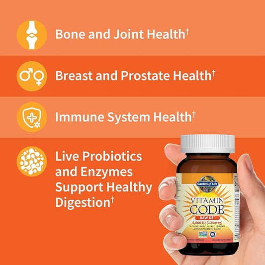 Garden of Life Vitamin D, Vitamin Code Raw D3, Vitamin D 2,000 IU, Raw Whole Food D3 Supplements with Chlorella, Fruit, Veggies & Probiotics for Bone & Immune Health, 120 Vegetarian Capsules
