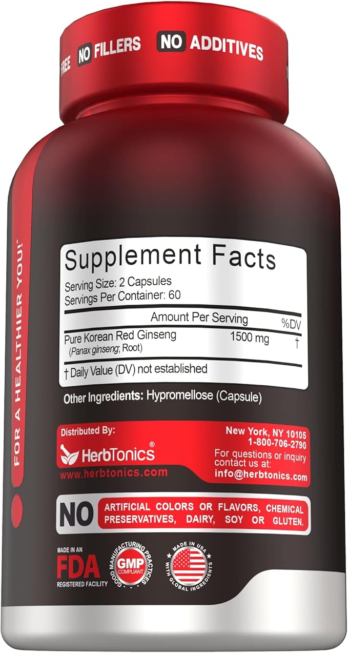 Herbtonics Korean Red Panax Ginseng 1500mg -120 Capsules