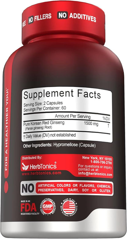 Herbtonics Korean Red Panax Ginseng 1500mg -120 Capsules