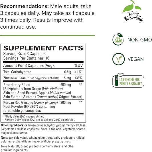 Terry Naturally Male Sexual Health - Dietary Supplement to Support Healthy Blood Flow & Circulation - Herbal Supplement with Korean Red Ginseng - Supplement for Men to Aid Healthy Energy - 48 Capsules