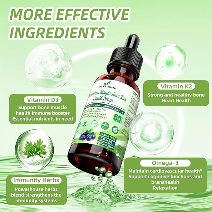 Potassium Magnesium Supplement Liquid Drops Plus Calcium Omega-3 D3 B6 K2, Organic Liquid Potassium Magnesium Aspartate, Citrate, for Leg Cramp, Vascular Muscle & Electrolyte Balance 2 Fl/Oz
