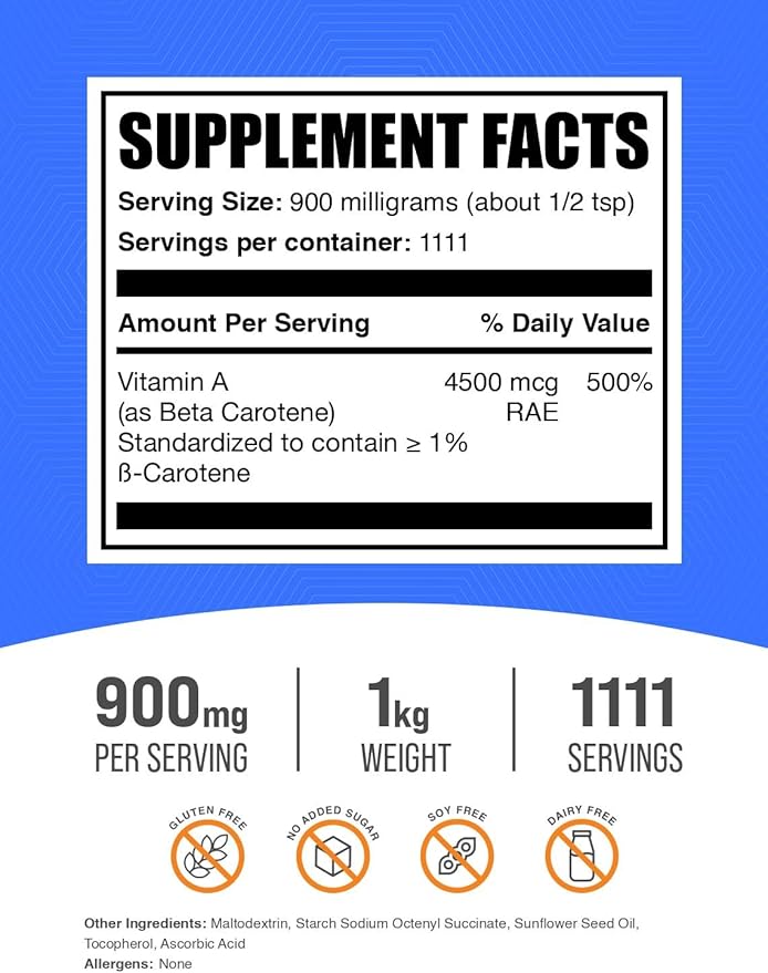 BulkSupplements.com Beta Carotene Powder - Eye Healthy Vitamins - Vision Supplements - Melanin Supplement - Beta Carotene Supplements - Vitamin A Supplements (1 Kilogram - 2.2 lbs)