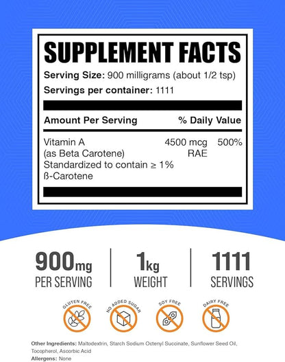 BulkSupplements.com Beta Carotene Powder - Eye Healthy Vitamins - Vision Supplements - Melanin Supplement - Beta Carotene Supplements - Vitamin A Supplements (1 Kilogram - 2.2 lbs)