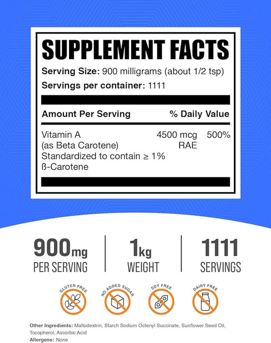 BulkSupplements.com Beta Carotene Powder - Eye Healthy Vitamins - Vision Supplements - Melanin Supplement - Beta Carotene Supplements - Vitamin A Supplements (1 Kilogram - 2.2 lbs)