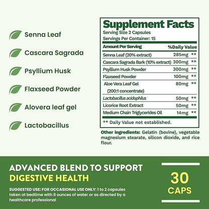 15 Day Advanced Colon Cleanse, Probiotics & Natural Herbs, Supports Detox & Gut Flora for Women & Men, with Cascara Sagrada, Psyllium Husk & Senna Leaf, 30 Capsules 1-2 Daily | 15 Day Cleanse
