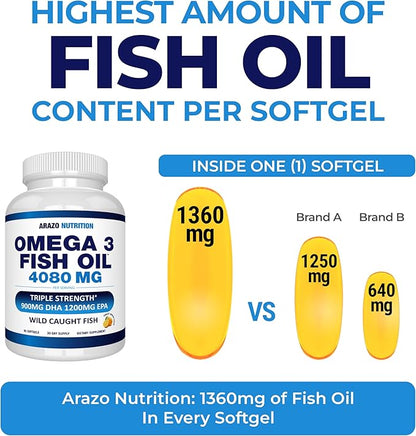 Arazo Nutrition Wild Caught Omega 3 Fish Oil – 90 Soft Gels – 4,080mg High EPA 1200mg DHA 900mg Lemon Flavor Burpless Softgels