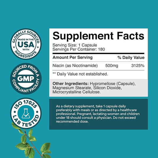 Vitamin B3 Niacinamide 500mg Capsules B3 Niacin 500mg Flush 500mg - 180 Count