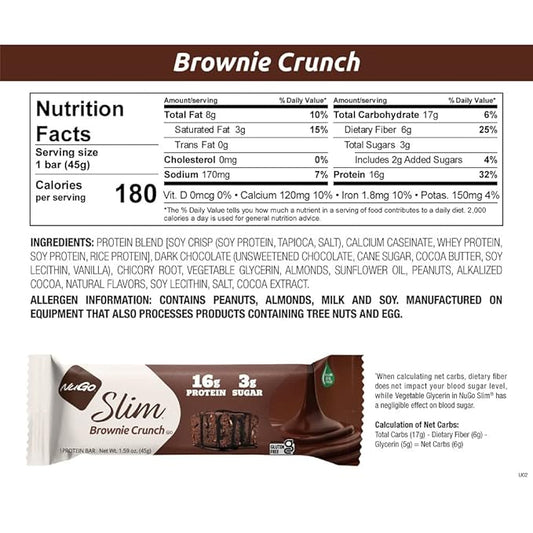 NuGo Slim 24ct Variety - Crunchy Peanut Butter 12 bars & Brownie Crunch 12 bars, 16g Protein, Keto Friendly, Gluten Free, 24 count