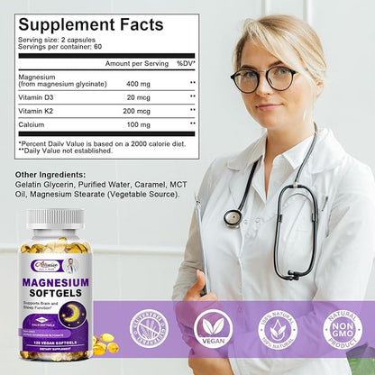 High Absorption Magnesium Glycinate 400mg Softgels 400 mg 100mg Calcium D3 & K2, for