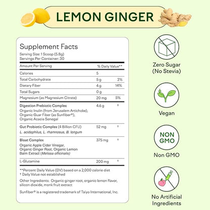 Feel Goods Gut Guardian, Prebiotic & Probiotic Powder, Organic Fiber, Sugar Free, Herbs for Bloat, Gut Health Support, Digestive Health for Men & Women, Non GMO, Vegan | Lemon Ginger, 30 Servings