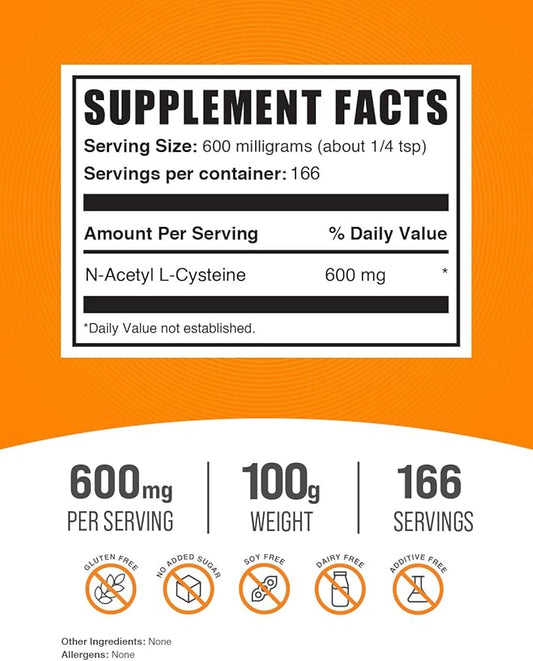 BulkSupplements.com NAC Powder - N-Acetyl Cysteine 600mg, NAC Supplement - Antioxidant Support, Gluten Free - 600mg per Serving, 166 Servings, 100g (3.5 oz) (Pack of 1)