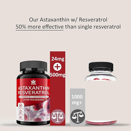 Sugar-Free Astaxanthin 24mg Gummies with Resveratrol 500mg, Powerful B1, Coconut 60 Count,