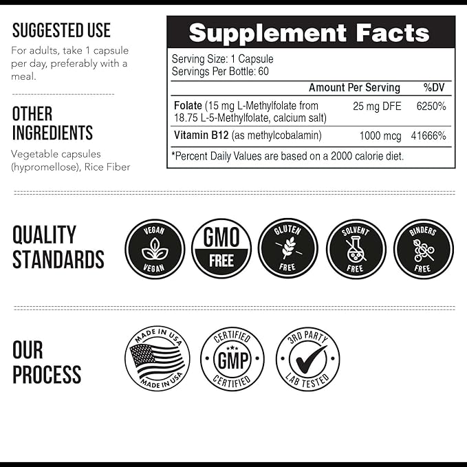 L Methyl Folate 15mg plus Methyl B12 Cofactor 5-MTHF Form B9 & B12 (60 (60 Capsules)