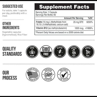 L Methyl Folate 15mg plus Methyl B12 Cofactor 5-MTHF Form B9 & B12 (60 (60 Capsules)