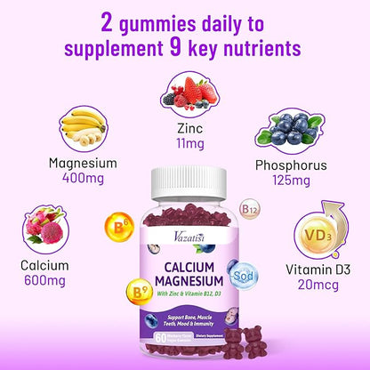 2 Pack Calcium Magnesium Zinc Gummies D3 & B12, Sugar