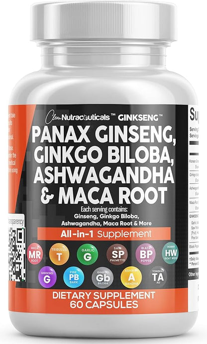 Clean Nutraceuticals Panax Ginseng 10000mg Ginkgo 4000mg Ashwagandha 3000mg - 60 Caps