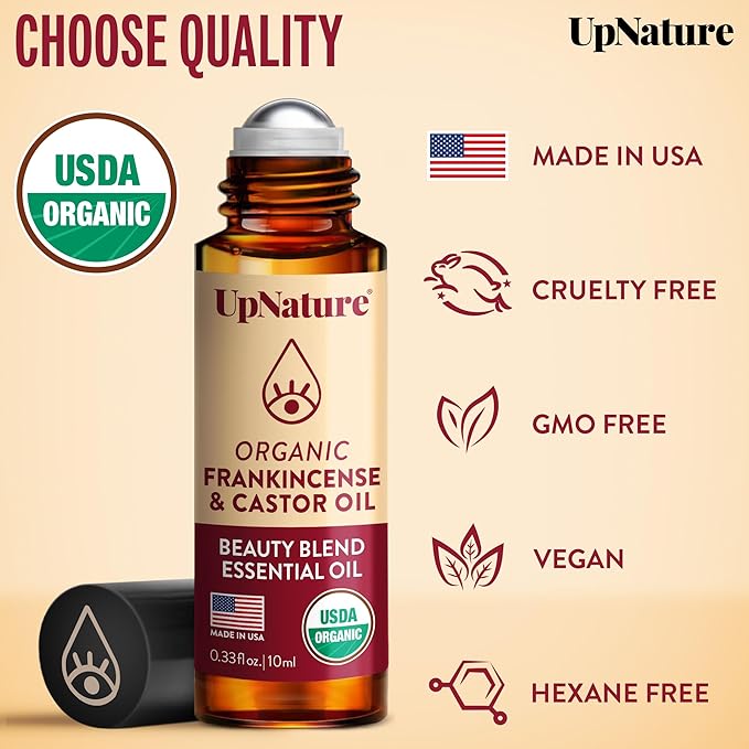 UpNature Beauty Essential Oil Blend Roll On - 100% Organic Castor Oil & Frankincense for Face Under Eye Roller Ball Rollerball