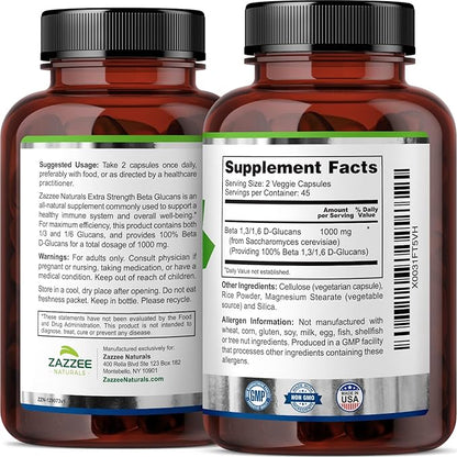 Zazzee Extra Strength 1,3/1,6 Beta Glucans, 1000 mg, 100% Concentrated, 90 Vegan 100% Vegetarian,