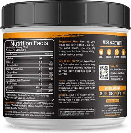 Intentionally Bare MCT Oil Powder French Vanilla MCT Coffee Creamer - C8 MCT Oil Powder for Energy Mood & Metabolism - No Grit MCT Powder Excellent in Baking Shakes & Keto Creamer for Coffee - 40 Ser