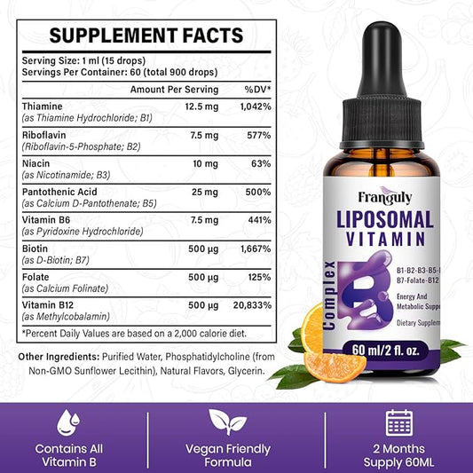 Liposomal Vitamin B Complex Liquid Sublingual B Complex Vitamins Supplement for Women Men Improved Absorption Methylated B12,B1, B2, B3, B5, B6,Folate,Biotin for Energy And Immune Support-2.0 oz