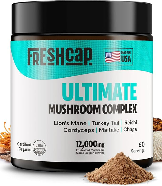 FreshCap Ultimate Mushroom Supplement Powder 12,000mg - Organic Mushroom Blend, Mushroom Complex for Focus & Memory, Nootropics Brain Support Supplement, Ayurveda Mushroom Powder Extract (60 Servings)