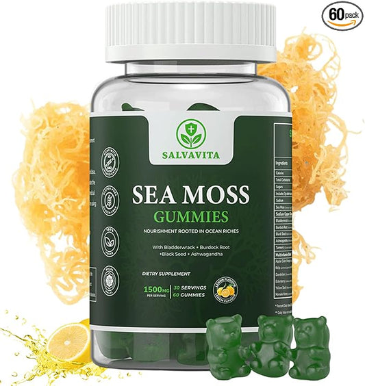 Sea Moss Gummies – Powerful 1500mg Serving | Infused with Bladderwrack, Burdock Root, Black Seed & Ashwagandha | Organic Sea Moss | Lemon Flavor - 60 Gummies