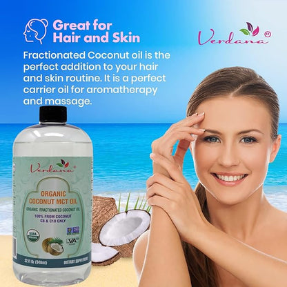 Verdana USDA Certified Organic Coconut MCT Oil –Fractionated Coconut Oil – No Palm Kernel Used – Kosher, Food Grade, Non-GMO – Great for Keto and Paleo Diets, Oil Pulling Rinse Mouthwash – 32 Fl Oz