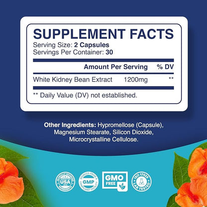 White Kidney Bean Extract Carb Blocker - White Kidney Beans Supplement for Metabolism Boost & Ease Calories from Starchy Food - Carb Control Supplements - 60 Capsules