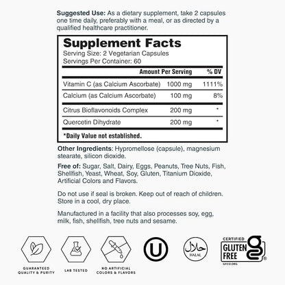 Nature’s Lab Gold Super Vitamin C 1000mg – Immune System Support – Contains Bioflavonoids Complex & Quercetin – Non-Acidic, Non-GMO, Gluten Free, Vegan – 120 Capsules (2 Month Supply)
