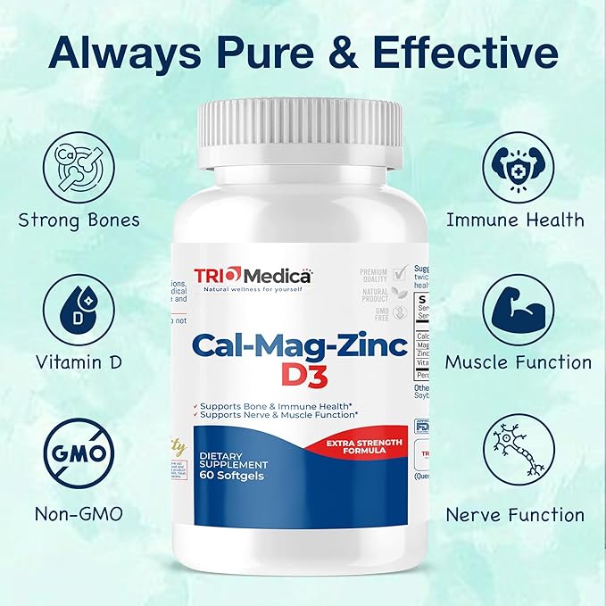 Cal-Mag-Zinc D3 Dietary Supplement (Calcium Magnesium D3) | 60 Softgels (60 Count 1))