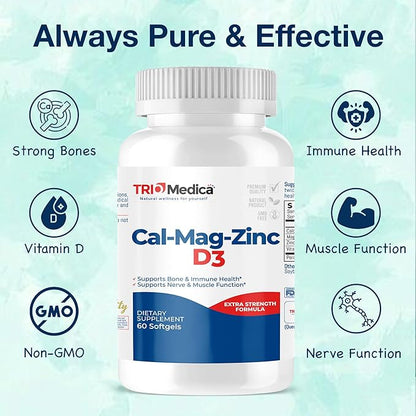 Cal-Mag-Zinc D3 Dietary Supplement (Calcium Magnesium D3) | 60 Softgels (60 Count 1))