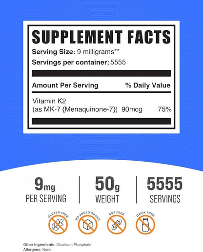 BulkSupplements.com Vitamin K2 Powder - Vitamin K2 MK-7, as Menaquinone Powder - K2 Vitamin Supplement for Wellness, Gluten Free, 9mg per Serving, 50g (1.8 oz) (Pack of 1)