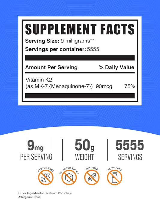 BulkSupplements.com Vitamin K2 Powder - Vitamin K2 MK-7, as Menaquinone Powder - K2 Vitamin Supplement for Wellness, Gluten Free, 9mg per Serving, 50g (1.8 oz) (Pack of 1)