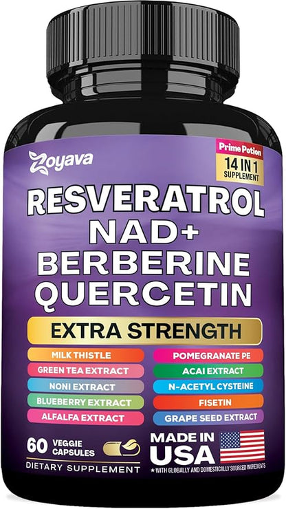 Resveratrol Supplement 12600mg NAD+ 100mg Milk 900mg Berberine 4000mg Fisetin 500mg Quercetin 800mg NAC 100mg Grape 400mg Green 400mg with (60 Caps)