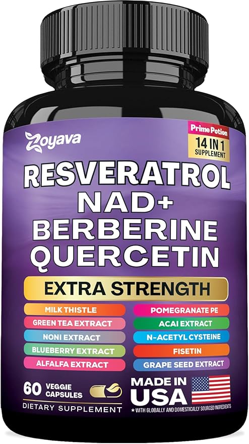 Resveratrol Supplement 12600mg NAD+ 100mg Milk 900mg Berberine 4000mg Fisetin 500mg Quercetin 800mg NAC 100mg Grape 400mg Green 400mg with (60 Caps)