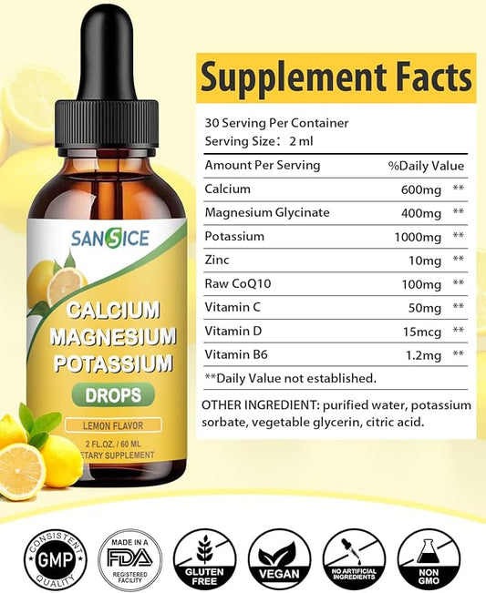 Calcium Magnesium Potassium Supplement Liquid,400mg Magnesium Glycinate,600mg Calcium (60ml/Lemon Flavor)