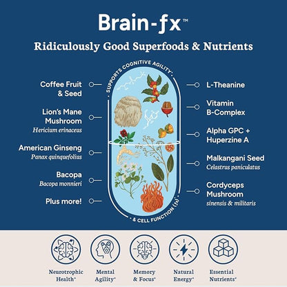 Brain-fx™ Daily Energy Focus Memory Mood Mind Nootropic Supplement - 5-MTHF Methyl B Vitamins, Coffee Fruit, L Theanine, Cordyceps, Lions Mane, Ginseng, Bacopa, Alpha GPC Choline 60 Vegan Capsules