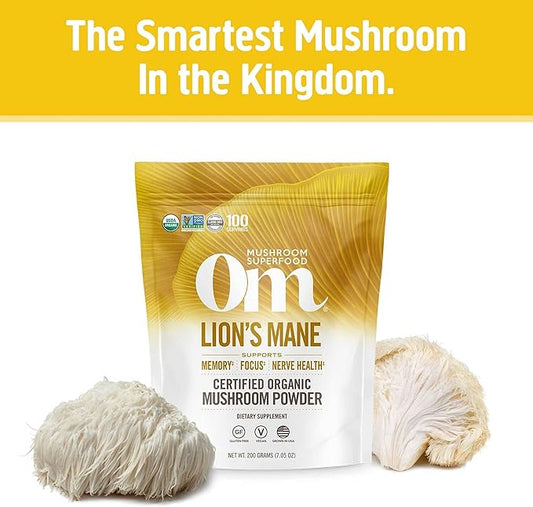 OM MUSHROOM SUPERFOOD Lion's Mane Organic Mushroom Powder, Improves Memory, Focus, Clarity, Nerve Health, and Mood Support, 7.05 oz, 100 Servings