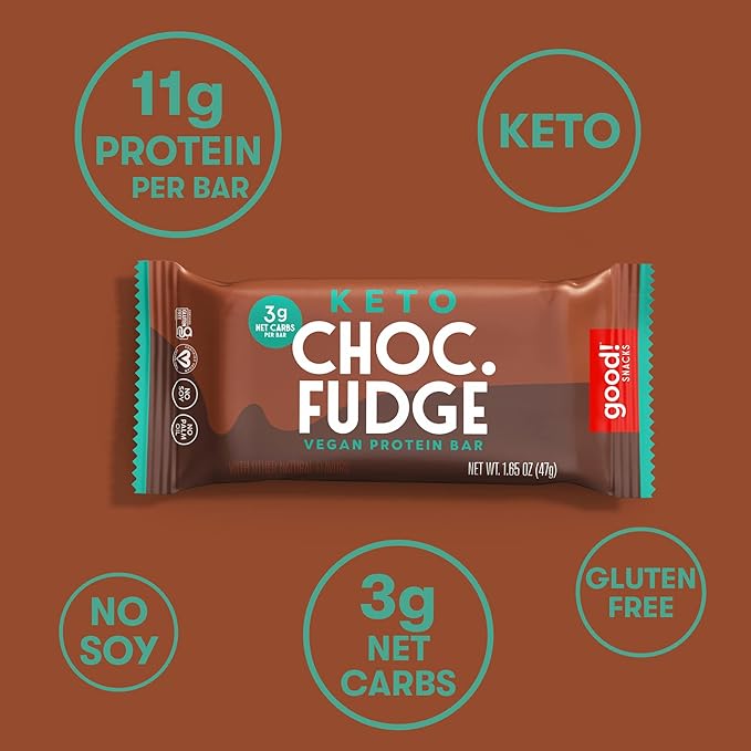 good! Snacks Keto Vegan Protein Bars, Chocolate Fudge, Gluten Free Keto Snack Bar, Low Carb, Low Sugar Meal Replacement, High Protein Healthy Snacks, 11g Protein, 3g Net Carbs, 12 Bars
