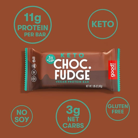 good! Snacks Keto Vegan Protein Bars, Chocolate Fudge, Gluten Free Keto Snack Bar, Low Carb, Low Sugar Meal Replacement, High Protein Healthy Snacks, 11g Protein, 3g Net Carbs, 12 Bars